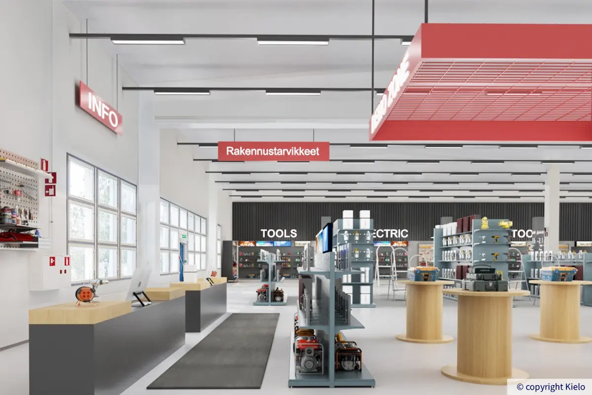 Havainnekuva suuresta rakennustarvikemyymälästä Oulun Nuottasaarentie 5 -kiinteistössä.